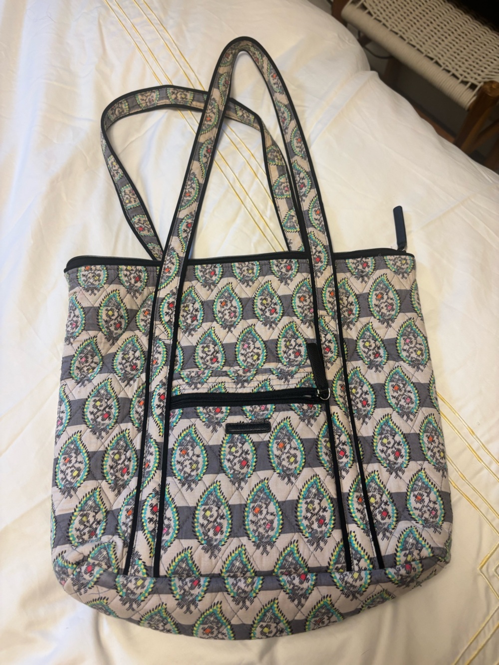 Vera Bradley Quilted Tote in Beige with Green and Pink Accents